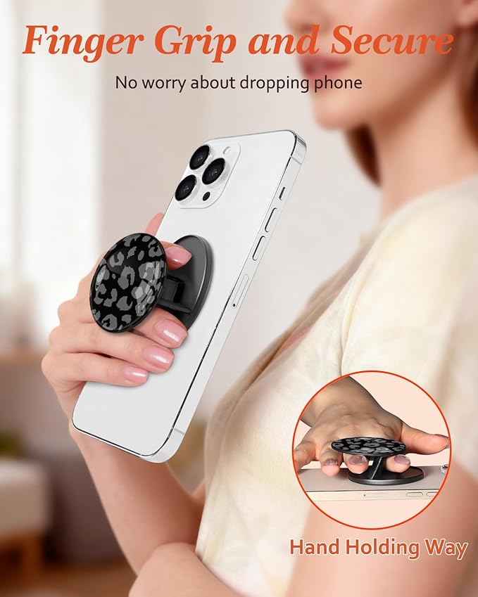 Kidcube Magnetic Phone Grip Compatible with Magsafe - Cell Phone Grip Stand Magnetic Ring Holder Finger Kickstand for iPhone 17 16 15 14 13 12 Series Magnet Removable Accessories Cute Black Leopard