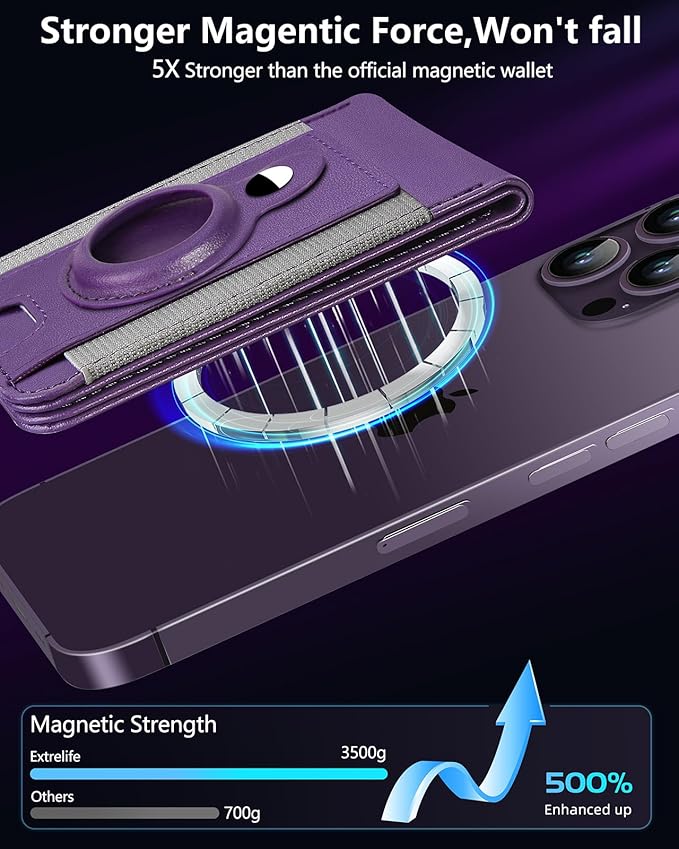 ExtreLife for Magsafe Wallet with Airtag Holder, Magnetic Wallet for iPhone 17/16/15/14/13/12 Series, 9-Card Holder, Open ID Window, Adjustable Stand, RFID Blocking, Purple