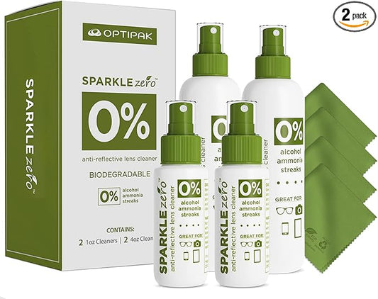 Sparkle Anti-Reflective Eco Friendly Lens Cleaner Spray Kit |(2x) 4oz + (2x) 1oz Glasses Cleaner Bottle + (4x) Microfiber Cloth for Eyeglasses, Lenses, Screens and Sunglasses Cleaning Kit(8 Piece Set)