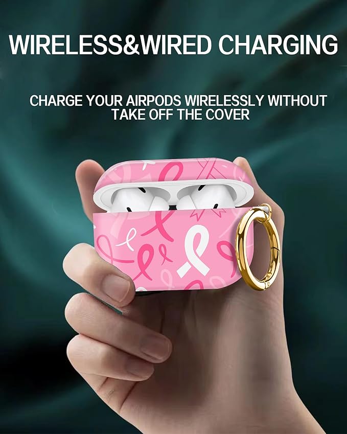 Cute Hard Case Compatible with AirPods Pro 2nd/1st Generation, Protective Cover with Golden Keychain, Fits 2023/2022/2019 Models, for Women, Girls, and Men(Pink Ribbon)