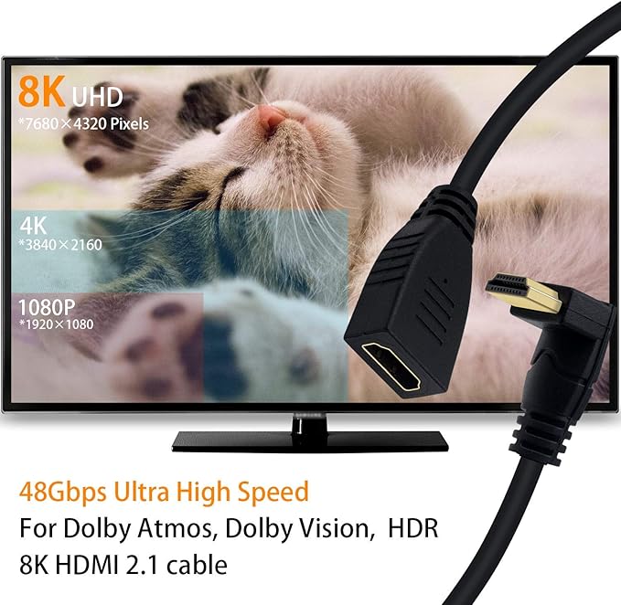 Poyiccot 8K HDMI Extension Cable, Short HDMI 90 Degree Down Angle Male to Female HDMI 2.1 Cable 48Gbps with 8K 60Hz Video and 3D HDR for TV/Xbox /PS4 /PS5 (Down M/F), 0.5feet