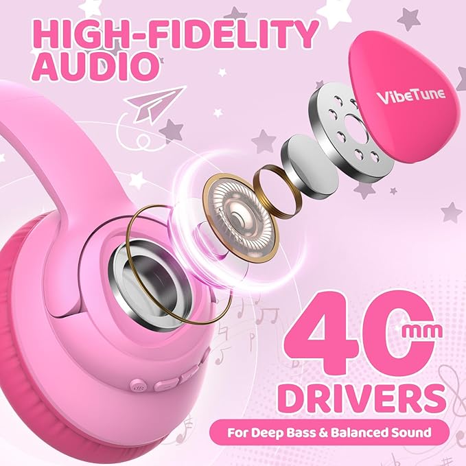 VibeTune Kids Bluetooth Headphones, 60H Playtime, Volume Limited 85/94dB, Bluetooth 5.4, Type-C Fast Charging, Foldable Wireless Headphones for Kids, Toddler Headsets with HD Mic-Pink