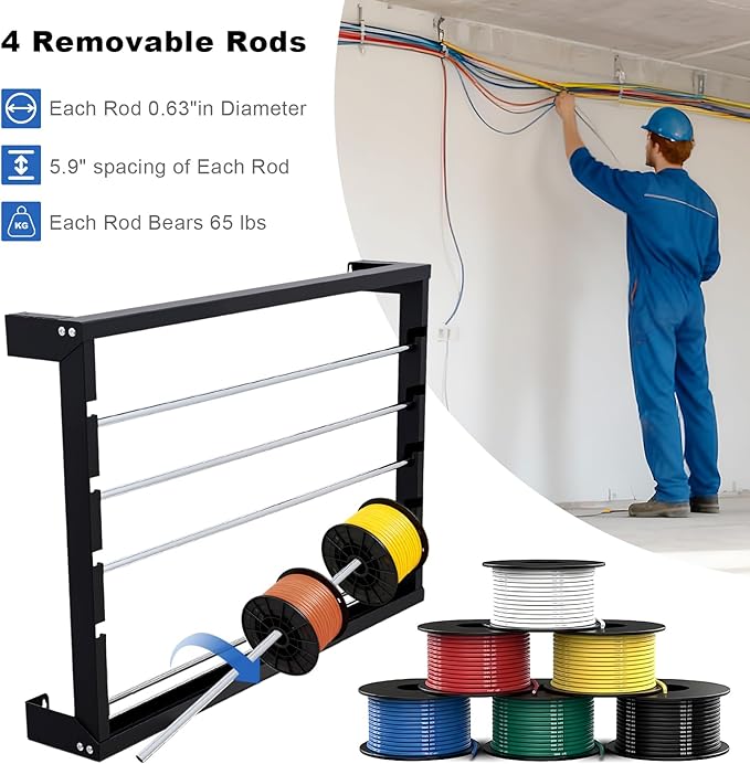 Wire Spool Rack, Heavy Duty Cold-Rolled Steel Cable Dispenser with 4 Adjustable Rods, Wall Mount or Desk Wire Spool Rack Holder for Industrial, Electrical, and Retail Storage and Display