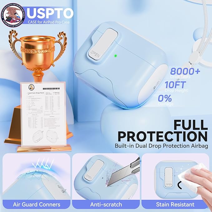 for AirPods Pro Case with Phone Stand,Secure Lock Cases Compatible with Airpods Pro 2nd/1st Generation, Drop-Proof Cover with Cleaner and Lanyard for Women Girly (Sky Blue)
