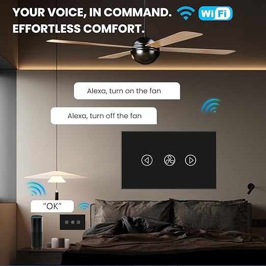 Smart Fan Switch Neutral Wire Required, 2.4GHz WiFi Dimmer Light Switch with Remote Voice Control, Tempered Glass Panel, Compatible with Alexa and Google Home, Black WiFi Fan