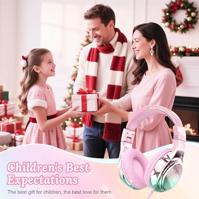 QearFun USB C Kids Headphones Wired with Mic, 85/94dB Safe Volume Limit, Foldable Over Ear, Tangle-Free Cord & Sharing Port, Wired On-Ear Headset for School, Chromebook, Tablet, Travel-Boys & Girls