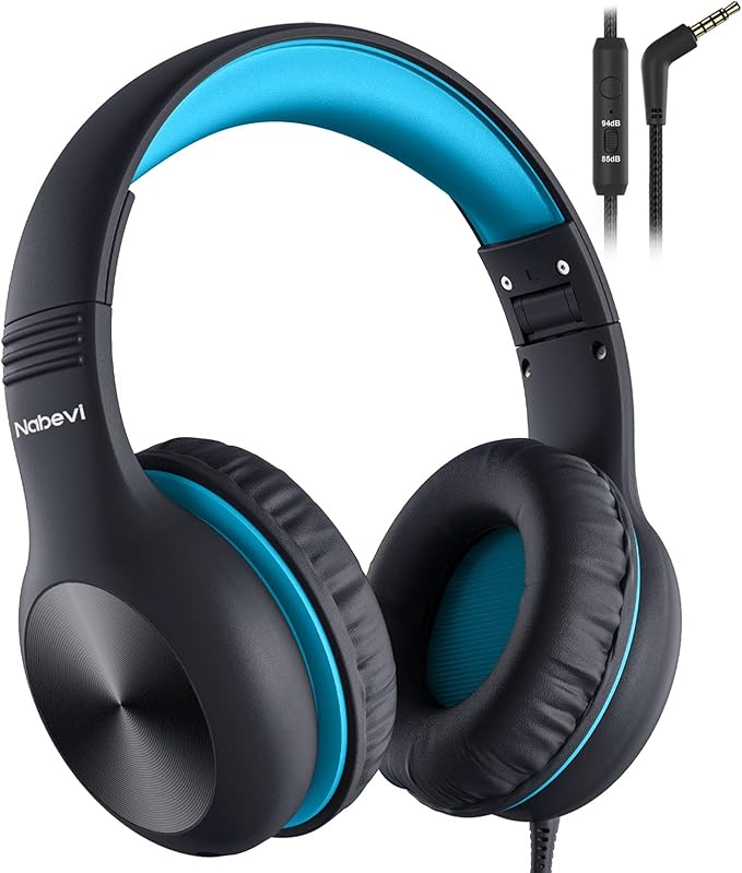 BH100 Headphones for Kids, Over Ear, Wired, Hearing Protection, 85/94 dB Adjustable Volume Limit, Sharing Function, Microphone, Lightweight, Comfortable, [Sky Blue]