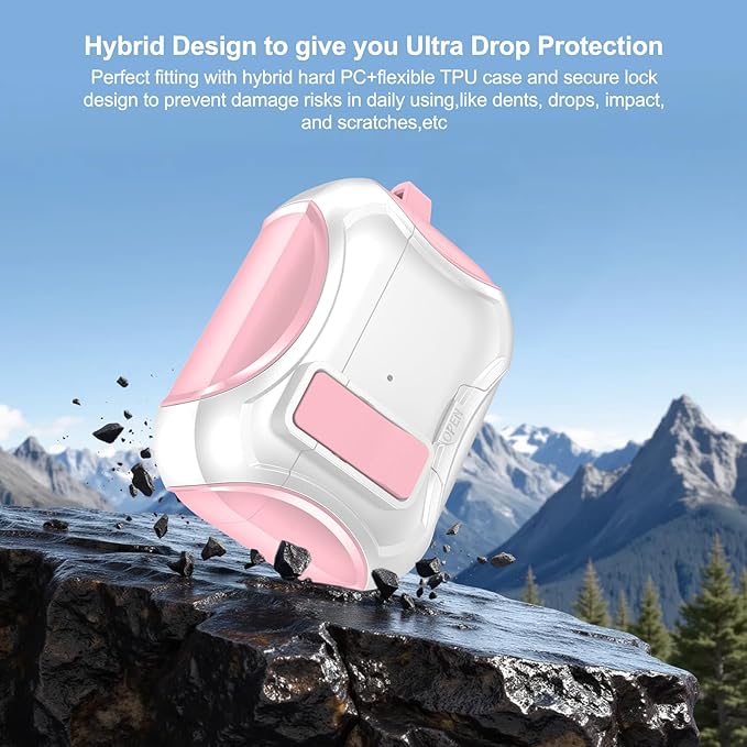 for Airpods Pro 3 Case,Safety Lock&Phone Stand for Airpods Pro 3rd Generation Case Cover,Magsafe Compatible,Auto Pop-up,Military-Grade Protection Design with Carabiner&Cleaning Pen-Pink+White