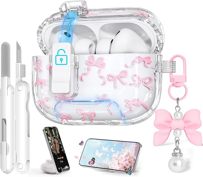 for AirPods Pro 3 Case Cute with Safety Lock & Phone Stand, Auto-Open Lid, Bow-Print Clear Case for Apple AirPods Pro 3rd Generation 2025 Cover with Cleaner Keychain for Women Girly, Pink