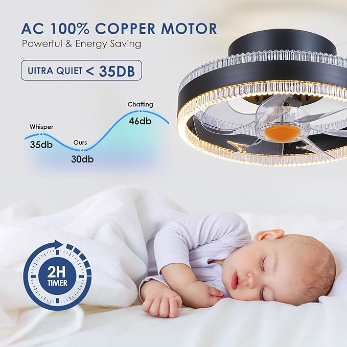 Flush Mount Ceiling Fans with Lights - RGB Low Profile Ceiling Fan,13" Small Dimmable LED Bladeless Ceiling Fans, Modern Enclosed LED-RGB Ambient Light for Bedroom, Kids Room, Party