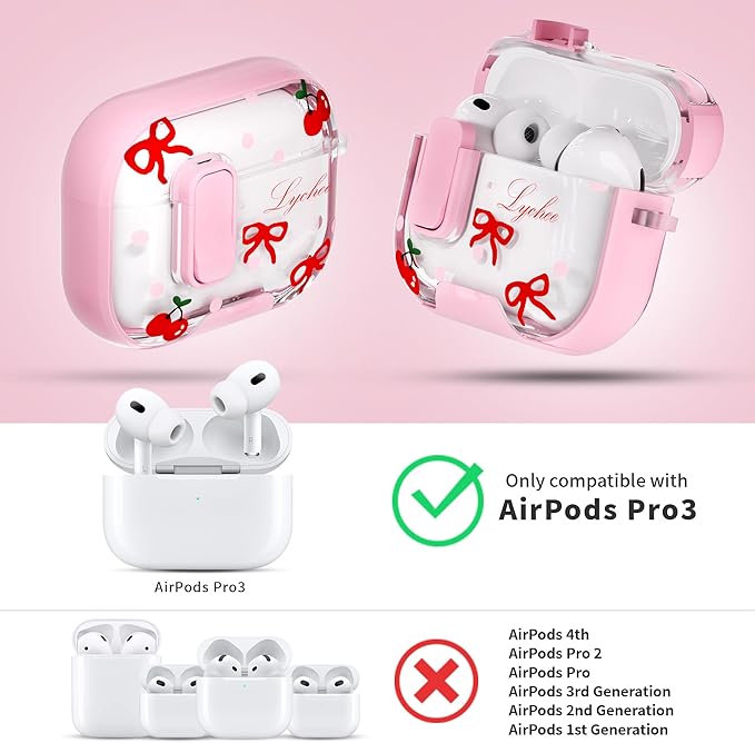 for AirPods Pro 3 Case(2025) with Secure Lock Clip and Phone Stand,Floral Girly Style Protective Cover with Cleaning Kit and Hand Strap for Apple AirPod Pro 3 Generation (Pink Bow)
