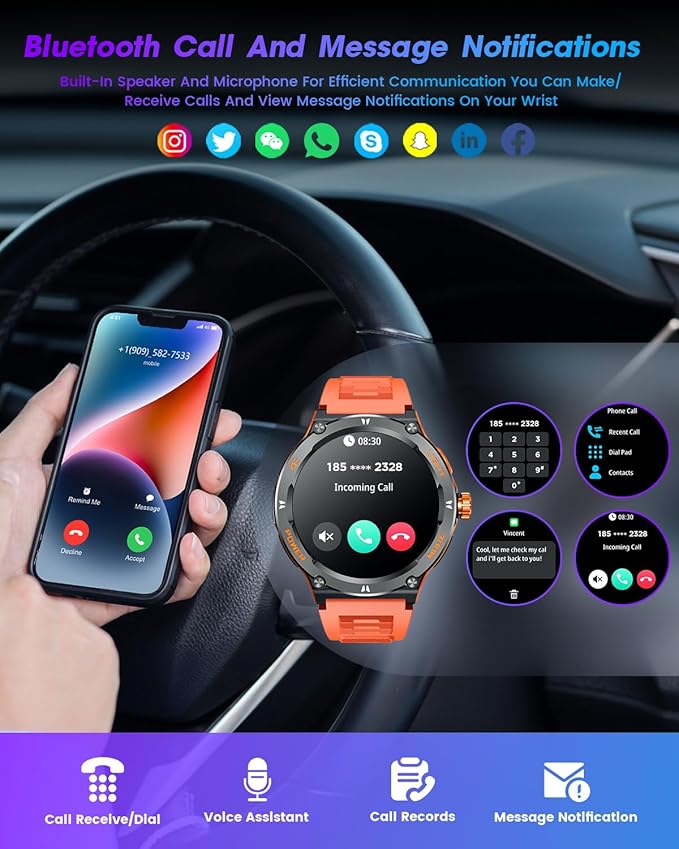 Smartwatch for Men Android Fitness Tracker: 1.53" Military Smart Watch with Flashlight Compass Make Answer Bluetooth Call Android iPhone Compatible 3ATM Waterproof Sport Watch Sleep Heart Rate Monitor