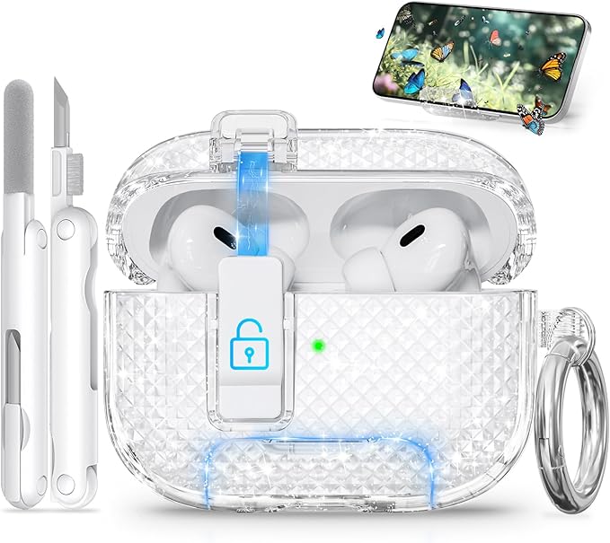 for AirPods Pro 2 Case with Phone Stand & Secure Lock, Auto-Open Clear Cover Compatible with Apple AirPods Pro 2nd/1st Gen (2023,2022,2019) with Cleaning Kit & Keychain (Shine)