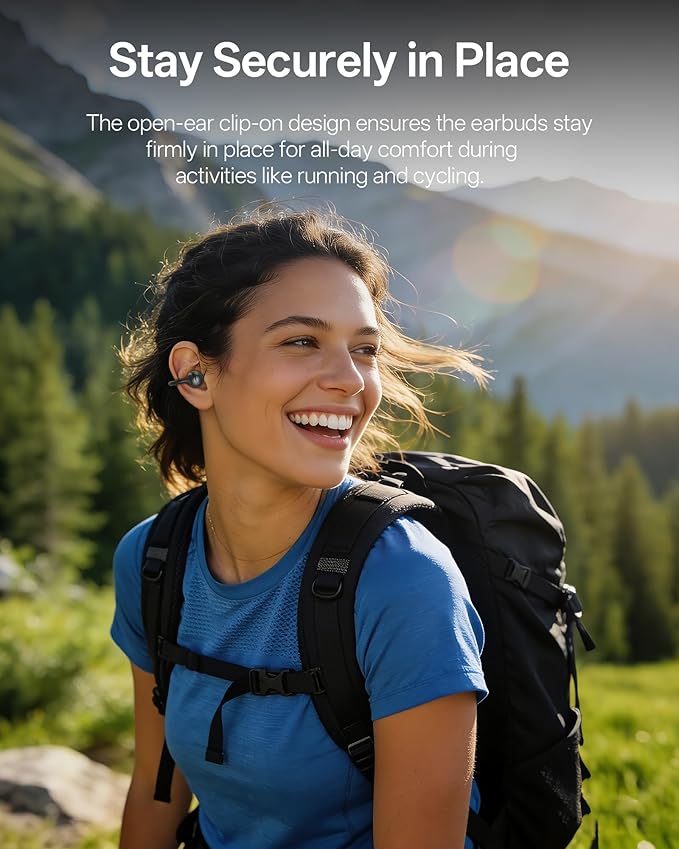 Clip On Earbuds, Open Ear Earbuds Wireless Bluetooth, Ear Clip Bluetooth Headphones for Running Sport, Lightweight Comfort, Secure Fit for Small Ears, Ultra Clear Calls with Mics, Waterproof, 40H Play
