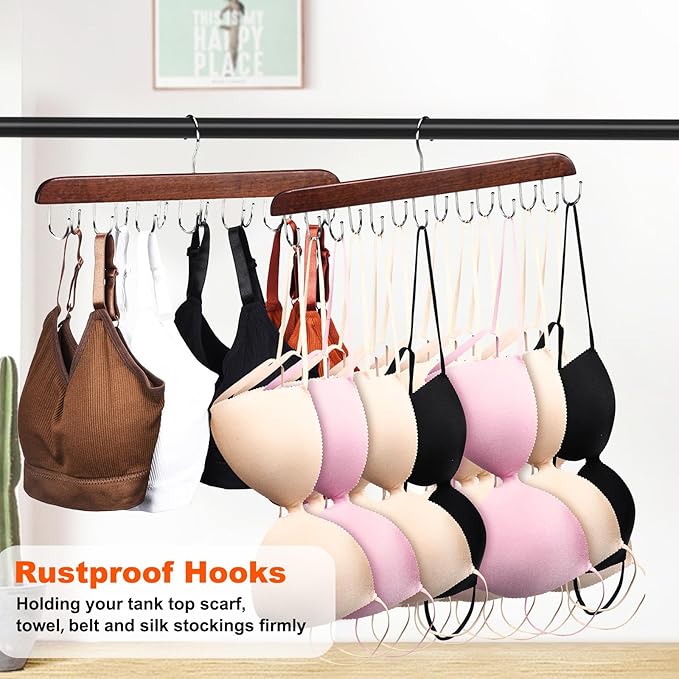 2 Pack Bra and Tank Top Closet Organizer Hanger, Foldable Wooden Space-Saving Hanger with 14 Hooks, Bra Hangers for Closet Organizer，Premium Closet Organizers and Storage for Dorm & Apartment (Brown)