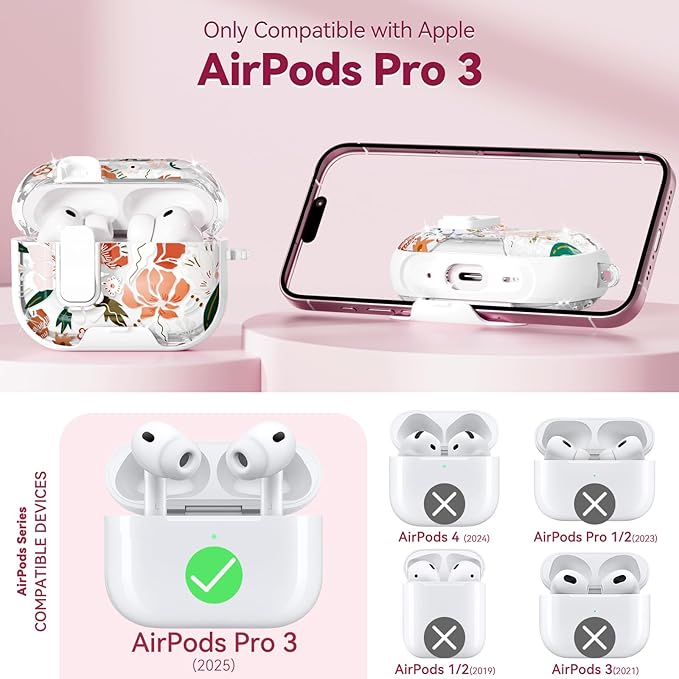 with Safety Lock for AirPods Pro 3 Case 2025,Clear Floral Cute Airpods Pro 3rd Generation Case with Phone Stand & Cleaner Kit for Apple AirPods Pro 3 for Women Girly-Orange Flower