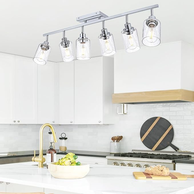 6-Light Track Lighting Kit Chrome Tracking Lights Fixture Ceiling Vanity Light with Seeded Glass Track Lighting Heads, Multi-Directional Rotating Spotlight Fixtures for Kitchen Accent Shop