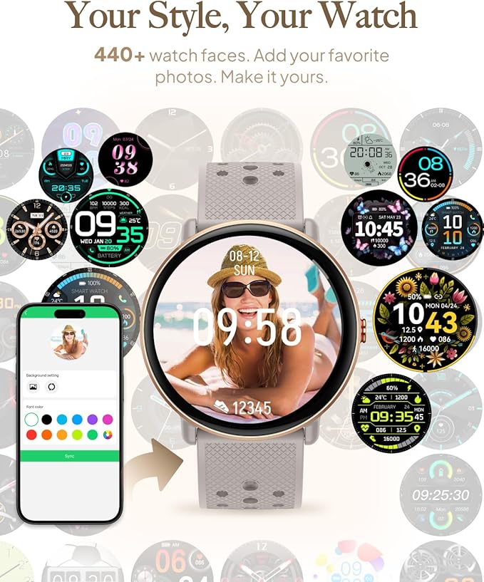 Smart Watch for Women Men, for Android iOS with Sleep & Calorie Monitor, Pedometer Fitness Tracker, Bluetooth Call, IP68 Waterproof, 112+ Sport Modes Round Face Smartwatch (Gold-Pink)