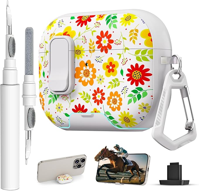 for AirPods Pro 3 Case(2025) with Secure Lock Clip and Phone Stand,Floral Girly Style Protective Cover with Cleaning Kit and Hand Strap for Apple AirPod Pro 3 Generation (Sunflower Petals)
