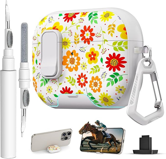 for AirPods Pro 3 Case(2025) with Secure Lock Clip and Phone Stand,Floral Girly Style Protective Cover with Cleaning Kit and Hand Strap for Apple AirPod Pro 3 Generation (Sunflower Petals)