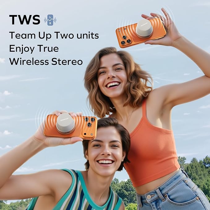 MOMAX Magnetic Mini Bluetooth Speaker, IPX6 Waterproof, 12H Playtime, TWS True Wireless Stereo, USB-C Rechargeable, Portable Shower & Outdoor Speaker, Bass-Enhanced, Call Function, Travel & Gift Ideas
