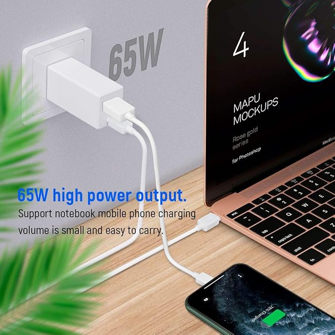 GaN Tech 65W Dual Port PD Wall Charger with 5ft USB C Cable for MacBook, Laptops, iPad Pro, iPhone 12, Galaxy, Pixel and More (White)
