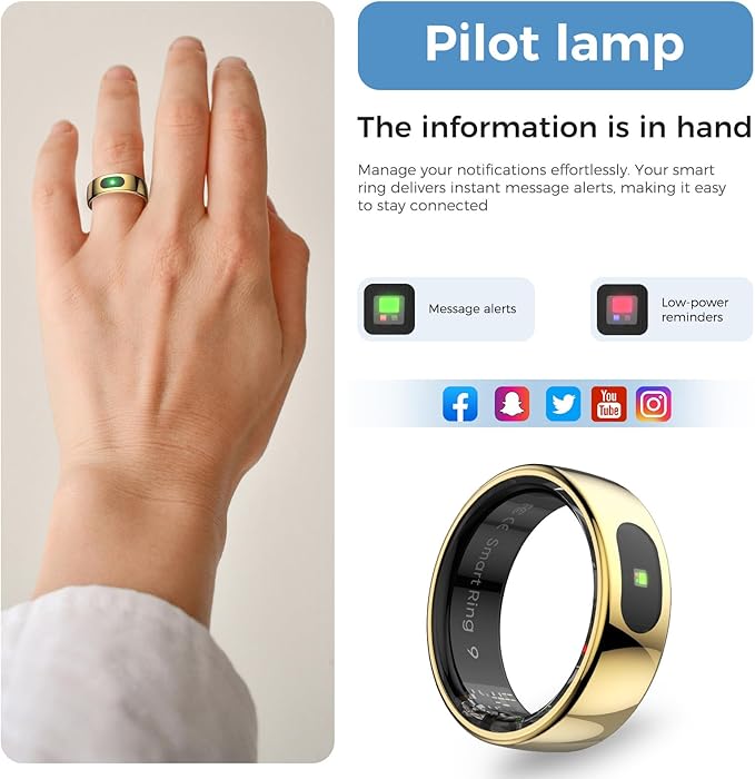 Smart Ring with Instant Notification Alerts & Gesture Control - Sleep Tracker Ring, Fitness Ring for Steps & Heart Rate, IP68 Waterproof (Gold, 8)