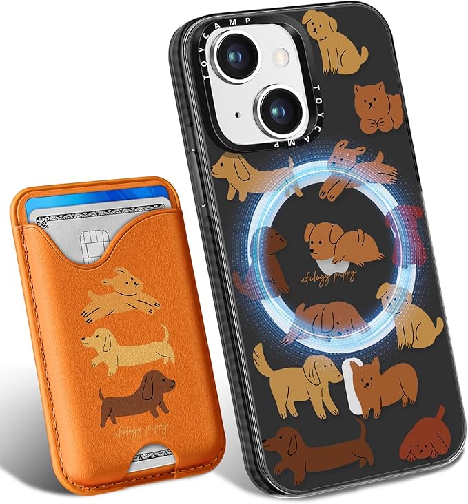 Toycamp for iPhone 15 Case - Compatible with Magsafe with Credit Card Holder Wallet Magnetic Cute Women Teen Girls Kawaii Girly Unique Small Dogs Design Pretty Phone Cover for Apple 15 6.1"