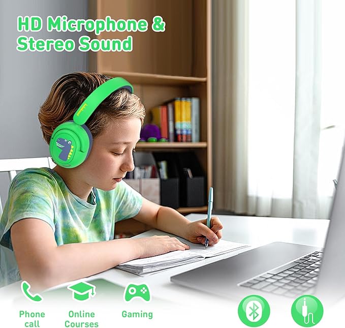 Bluetooth Kids Headphones, Wireless Headphones for Kid with Mic, 75/85/94dB Volume Limited, Includes 3.5mm Aux Cord, Foldable Dinosaur Teens Headset for School, Home, Travel, Tablet
