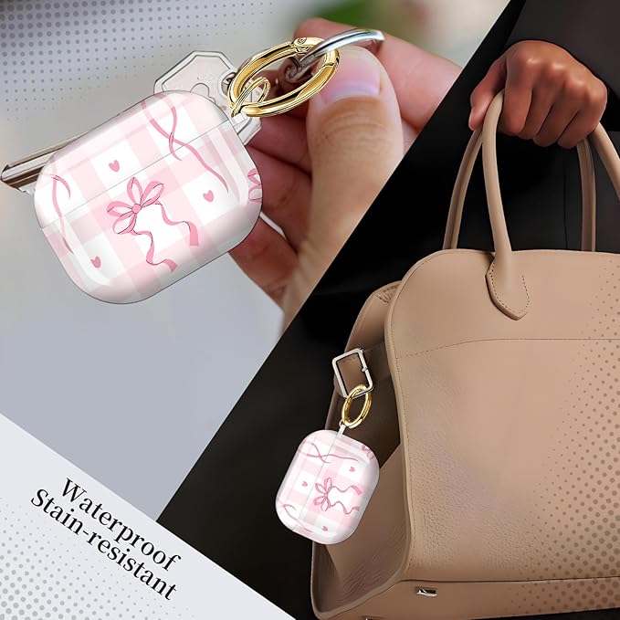 Case for AirPod Pro 3 Shock-Proof Protective Hard Case with Golden Keychain Compatible with Apple Airpods Pro 3rd Generation 2025 (Pink Ribbon Checkered)