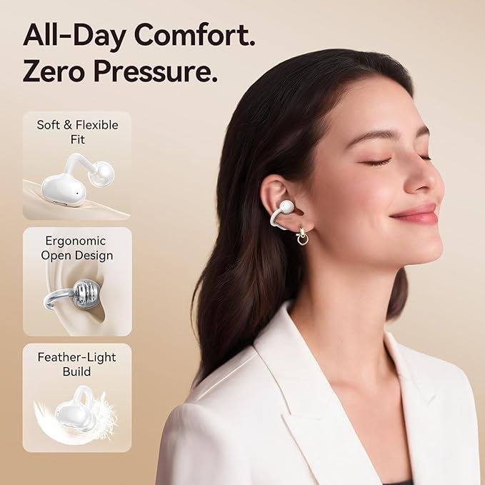 Kinglucky Clip-On Earbuds Comfortable fit & Crystal-Clear Sound, 40H Playtime Open Ear Buds Bluetooth 5.4 Wireless Headphones for Women Ideal for Small Ears,Sports,Workouts,Glasses White
