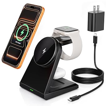 3 in 1 Wireless Charging Station,25W Wireless Charger Stand for Multiple Devices Apple Fast Desk Magnetic Charger Station with USB C Adapter for iPhone 17 16 15 14 13 12 Series/Apple Wacth&AirPods Pro