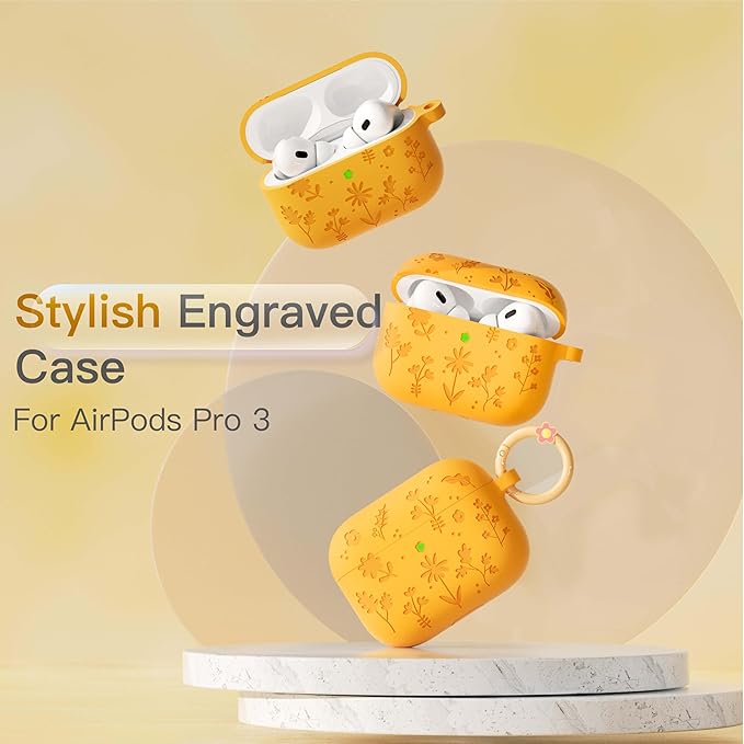 for AirPods Pro 3 Case (2025) DamonLight Floral Engraved Shockproof Protective Soft Silicone Case Cover with Cleaning Pen and Floral Keychain for Apple Airpods Pro 3rd Generation (Orange)