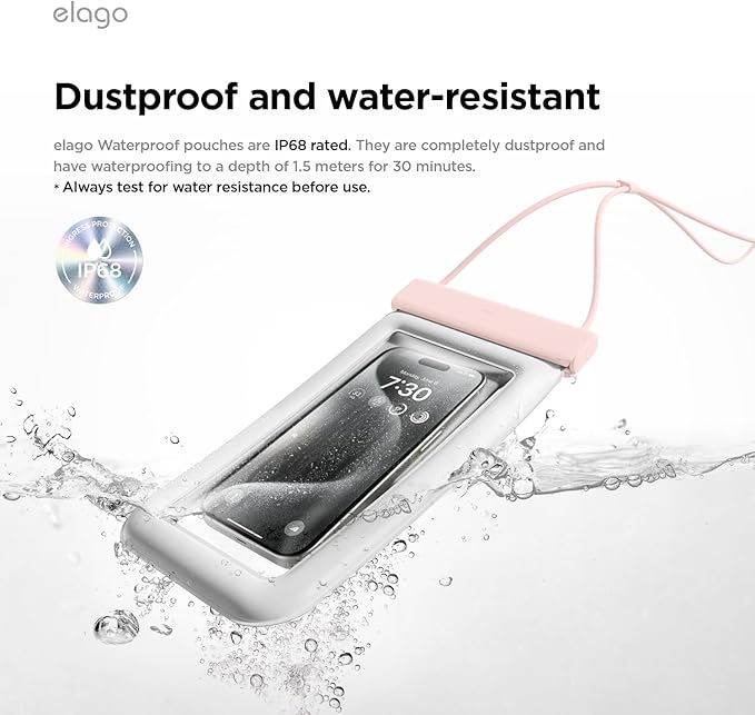 elago Waterproof Phone Pouch for iPhone 16/15/14/13/12/11 Series, Galaxy S25/S24/S23/S22/S21 Series - Underwater Screen Touchable Dry Bag, Dual Zipper Lock, with Card Pocket (Lovely Pink) [2 Pack]