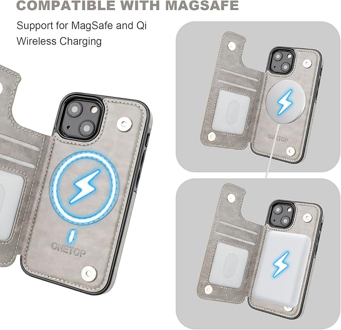 ONETOP Compatible with Magsafe for iPhone 13 Mini Wallet Case with Card Holder, PU Leather Kickstand RFID Blocking Case, Double Magnetic Clasp and Durable Shockproof Cover 5.4 Inch (Grey)