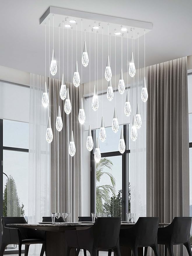Rectangular Chandelier 24-Lights LED Dimmable Raindrop Chandeliers for High Ceiling Large Chandelier Light Fixture Gold High Ceiling Pendant Lights for Villa Living Room Staircase