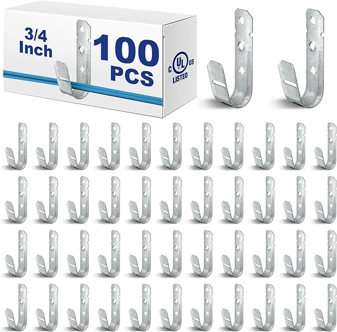 Gisafai 100 Pcs Cable Support J-Hook, 3/4 Inch Metal Garage Hooks for Hanging, Heavy Duty Network for Cable and Wire Management Wall Attaching J Utility, G60 Galvanized Steel, Silver