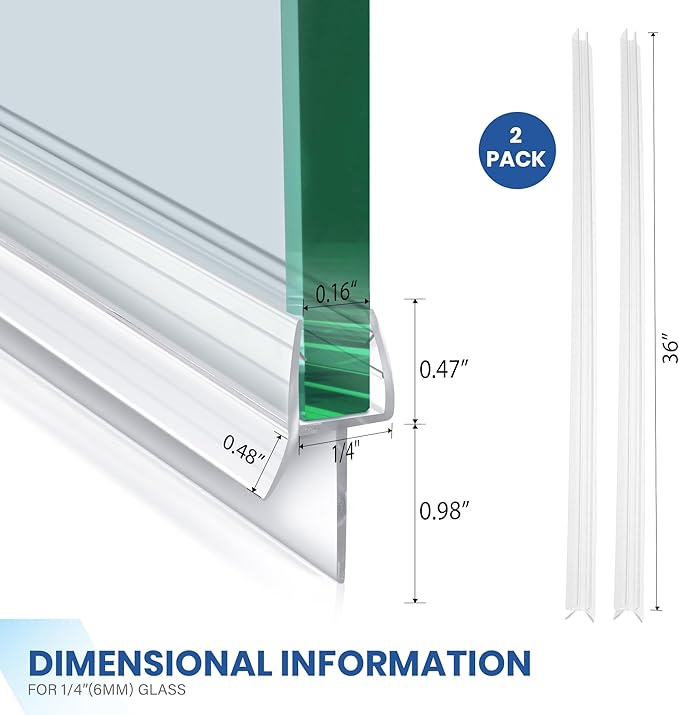 2 Pack Frameless Shower Door Bottom Seal with Long Sweep, Ultra Clear Glass Door Silicone Seal Strip (1/4'' X 36'') Suitable for 6mm Glass -Stop Shower Leaks Frameless Shower Door Seal Strip