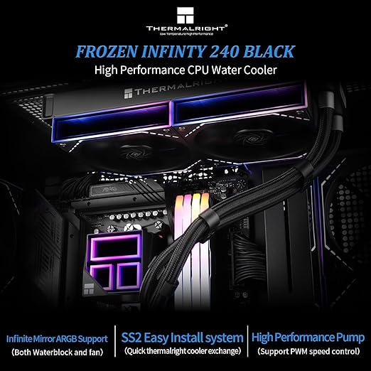 Thermalright Frozen Infinity 240 Black CPU Aio Cooler,TL-M12*2 PWM Fans,Computer CPU Water Cooler,ARGB Infinity Mirror,240 CPU Liquid Cooling:LGA1851/1700/1150/1151/1200/2011,PC Water Cooling