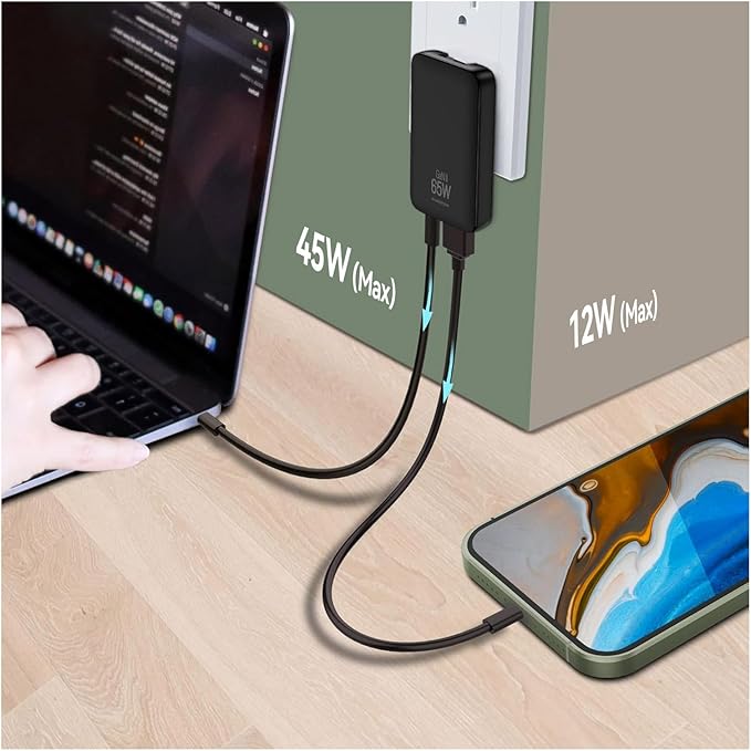 65W Slim GaN USB C Charger Block, Foladable Fast Travel Charger with UK/EU/AU 3 Plugs, 2-Port International Power Adapter for MacBook Air/Pro, iPhone 17/16/15, iPad, Galaxy S25/S24,（2026 New）