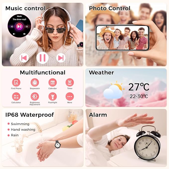 Smart Watch for Women, 1.19" AMOLED Display Fitness Tracker Bluetooth Make/Answer Call, Watches with 110+ Sports Modes/Heart Rate/SpO2/Sleep Monitor, Smartwatch IP68 Waterproof for Android iOS