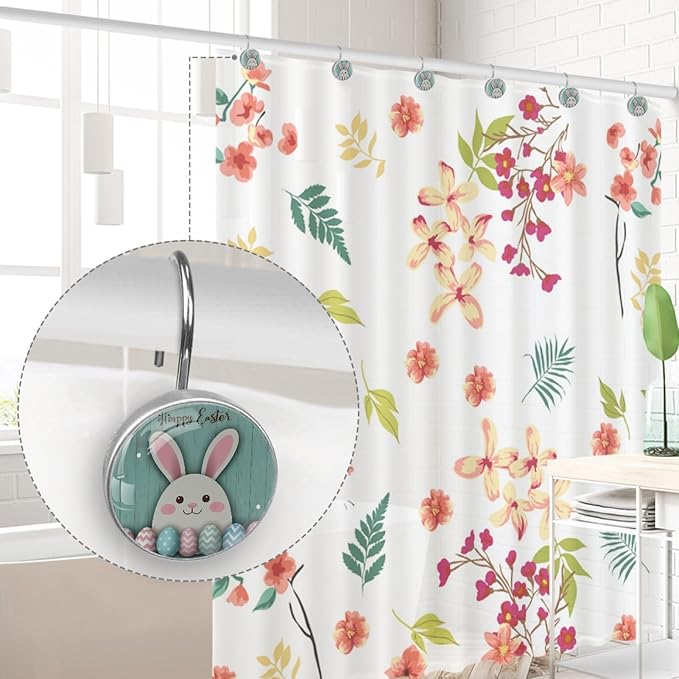 Rural Teal and Easter Bunny Crystal Glass Shower Curtain Hooks for Bathroom Shower Rod, 12Pcs Round Home Decorative Shower Curtain Rings, Bathroom Bedroom Living Room Accessories
