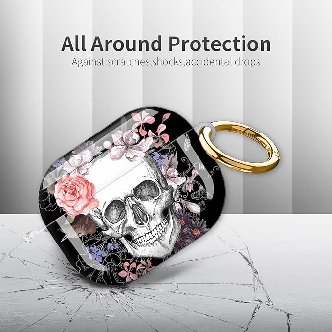 Compatible with AirPod Pro 3rd Generation Case 2025,Fashion Protective Cover with Keychain, Anti-Scratch, Drop Protection,Shockproof Cover for AirPod Pro 3 Women(Flower Skull Skeleton)