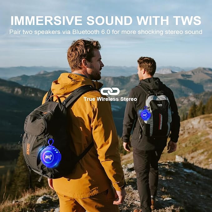 Wireless Bluetooth Speaker, Blue Tooth Portable Speaker with IPX6 Waterproof, 2500mAh Battery, TWS Pairing, RGB Light, Built in Mic, Support TF Card, USB, Unisex Gifts for Bathroom Party Home - Blue