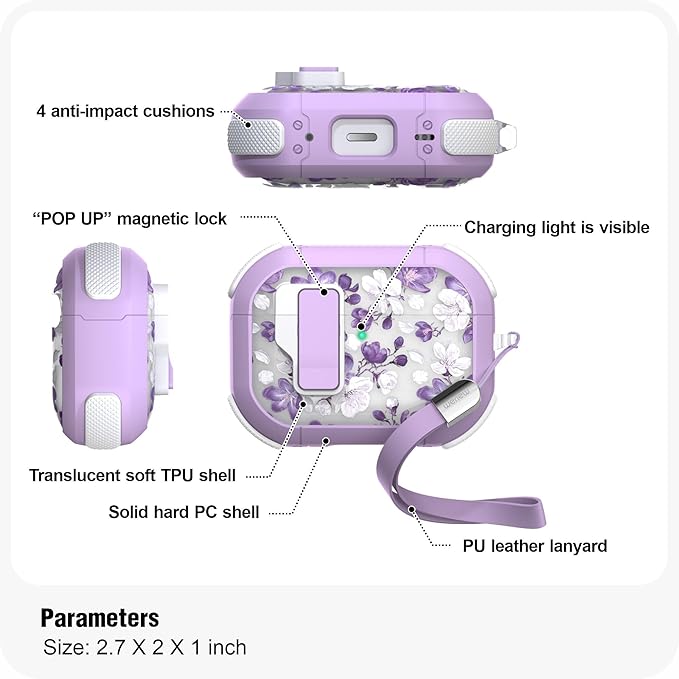 WENEW for AirPods Pro 3 Case (2025) Cover Secure Lock Automatic Snap Switch Clip Cleaner Kit Lanyard Women Stylish Flower Hard Shell Full Body Front LED Visible (Purple Flower, AirPods Pro 3)