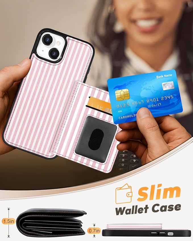 for iPhone 15 Plus Case with Wallet - Fits 4 Card Slots, Compatible with MagSafe for Women Aesthetic Durable PU Leather Credit Card Holder Kickstand Phone Cover for Apple 15 Plus, Stripe