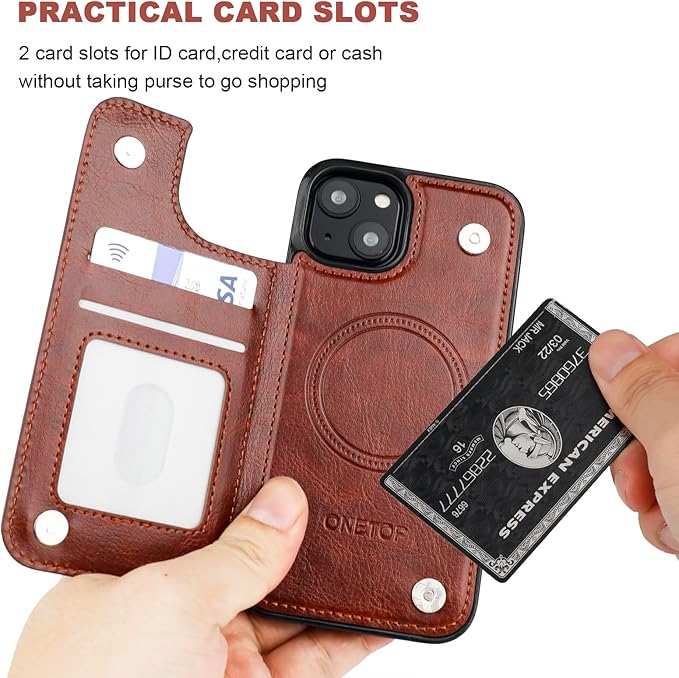 ONETOP Compatible with Magsafe for iPhone 13 Wallet Case with Card Holder, PU Leather Kickstand RFID Blocking Case, Double Magnetic Clasp and Durable Shockproof Cover 6.1 Inch (Brown)