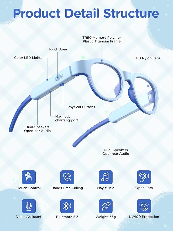 Kids Smart Glasses: UV400 Blue Light Glasses - Built-in Mic & Open Ear Bluetooth Speakers - 7-color RGB Light Strip - Voice & Touch Control - Works with iOS/Android for Kids 6-12 Gifts