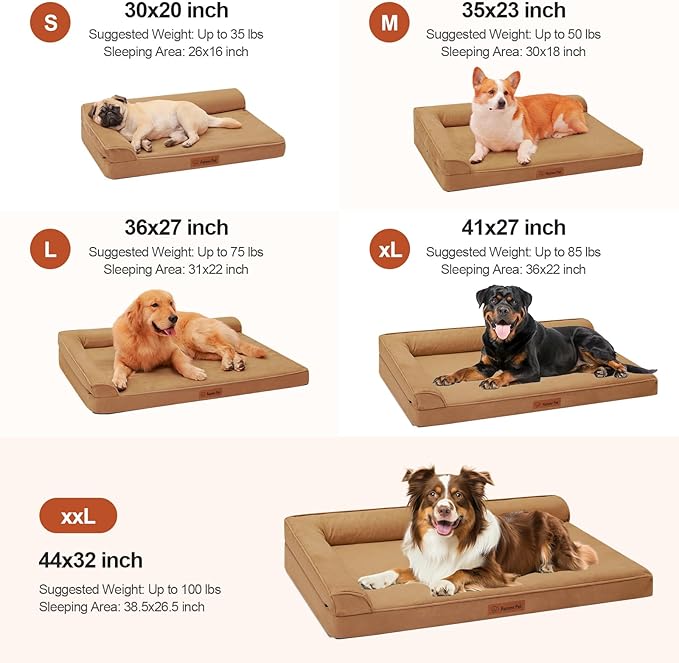 Orthopedic Dog Beds Large Sized Dog, Memory Foam Pet Bed for Large Dogs, Removable and Washable Microsuede Cover, TPU Waterproof Liner, Nonskid Bottom, 41x27x6 Inches, Khaki