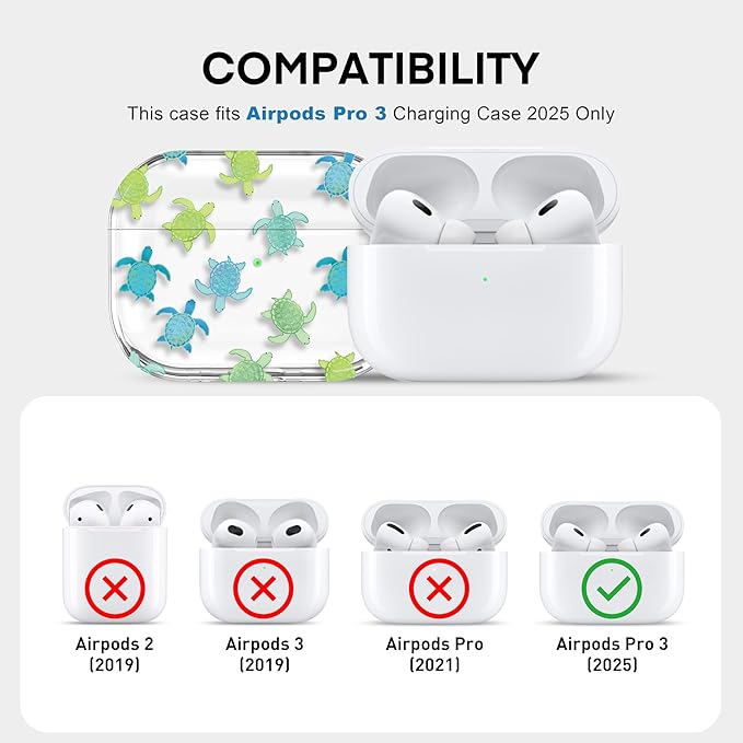 Maxjoy for AirPods Pro 3rd Generation Case, Clear AirPods Pro 3 Case for Women Girly Cute Soft AirPod Pro 3 Cover with Keychain Strap for AirPod Pro 3rd Gen Cover 2025, Turtle